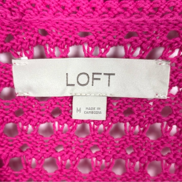 Loft Cardigan Sweater Open Knit Pink Size Medium Cotton Button Front - Picture 3 of 5